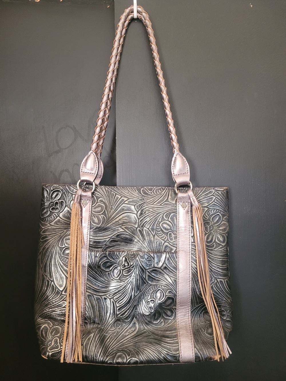 Patricia Nash Rena Tooled Tote Embossed Leather Floral Fringed Black Silver